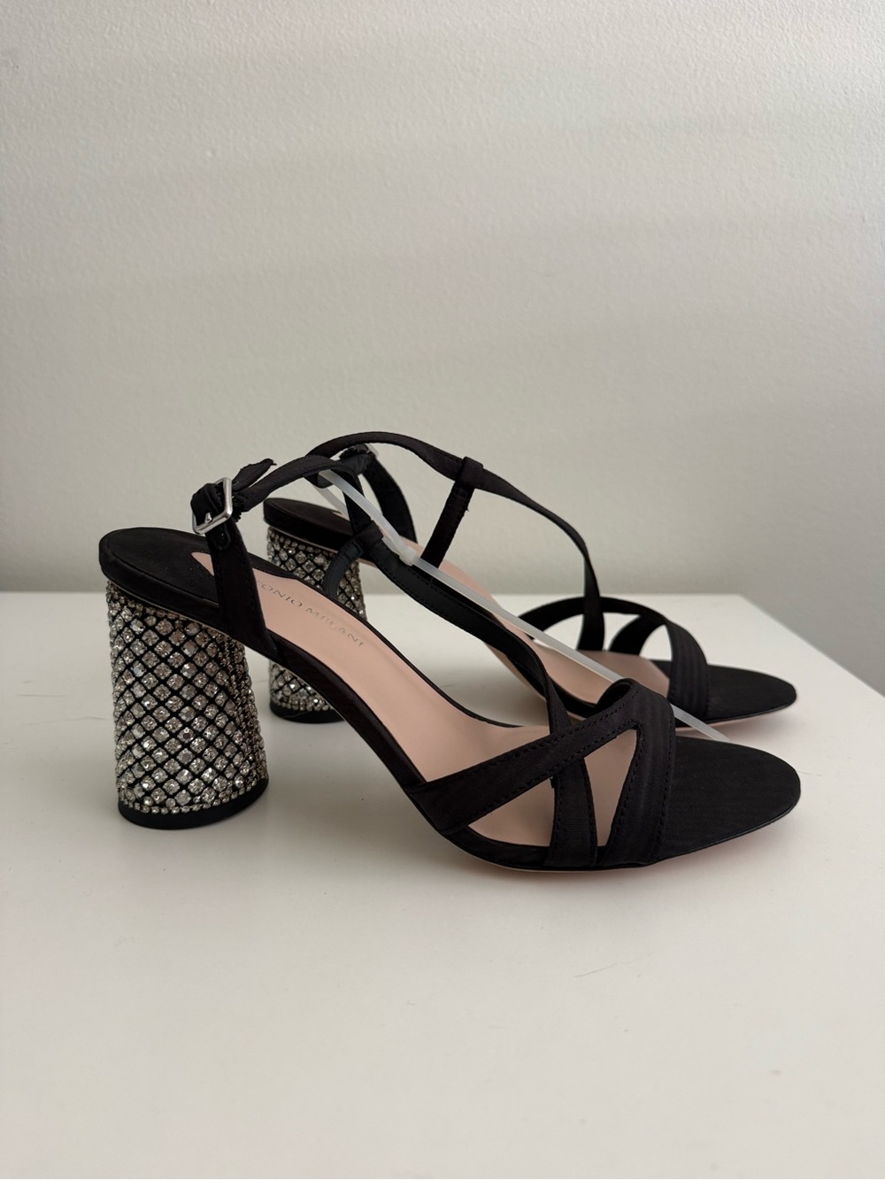 Antonio Melani Black Strappy Sandals with Embellished Crystal Heels. Sz. 8